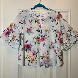 URBAN Romantics Floral Ruffle Sleeve Top - White